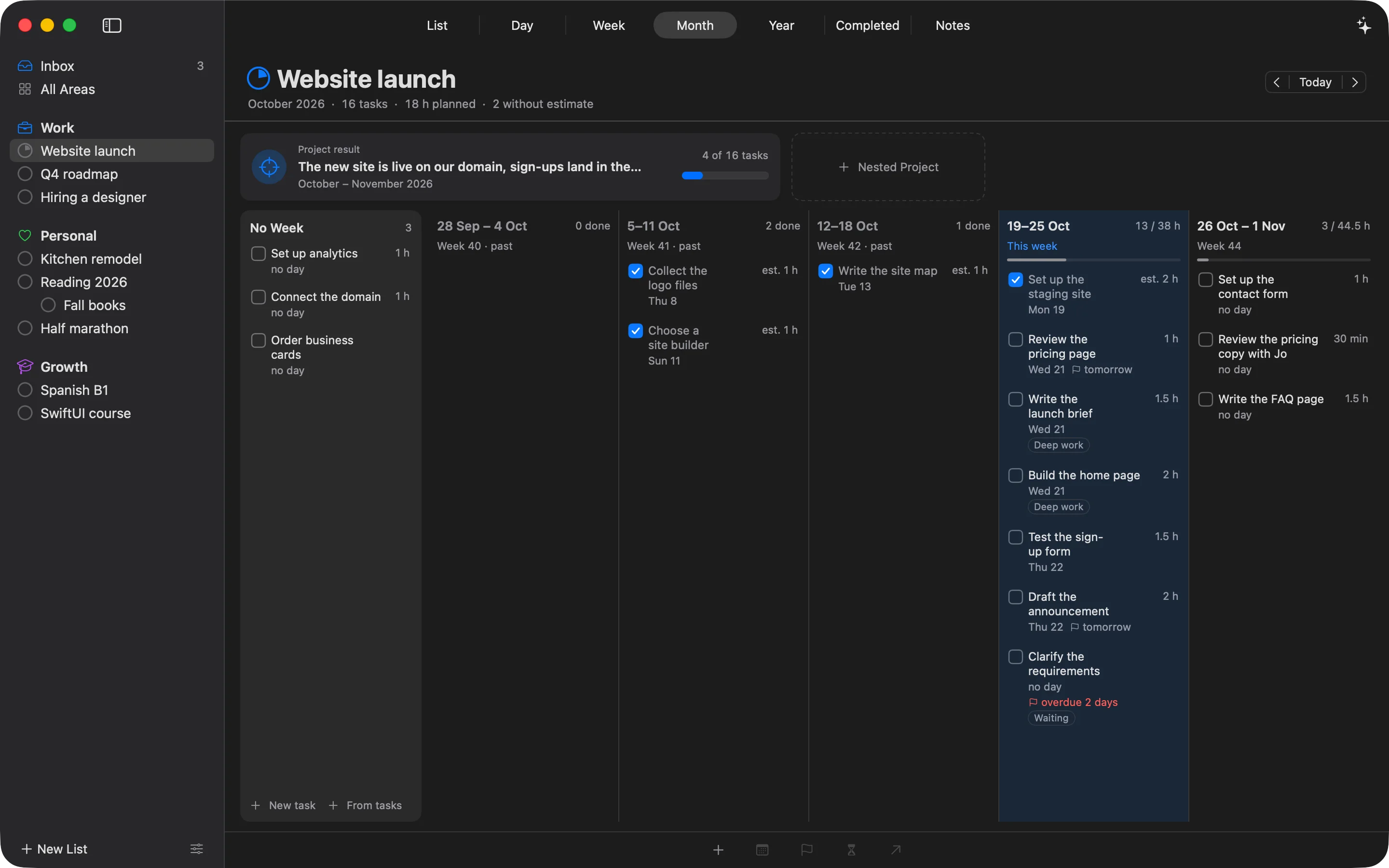 The Month of the project Website launch, dark: its result, the tasks without a week, and the weeks of October with their hours.