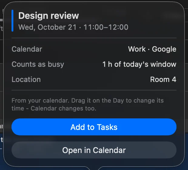 A meeting's card in ALT, dark: Design review, 11:00-12:00, from the Work calendar in Google, counts as busy for 1 hour of today's window, with the buttons Add to Tasks and Open in Calendar.