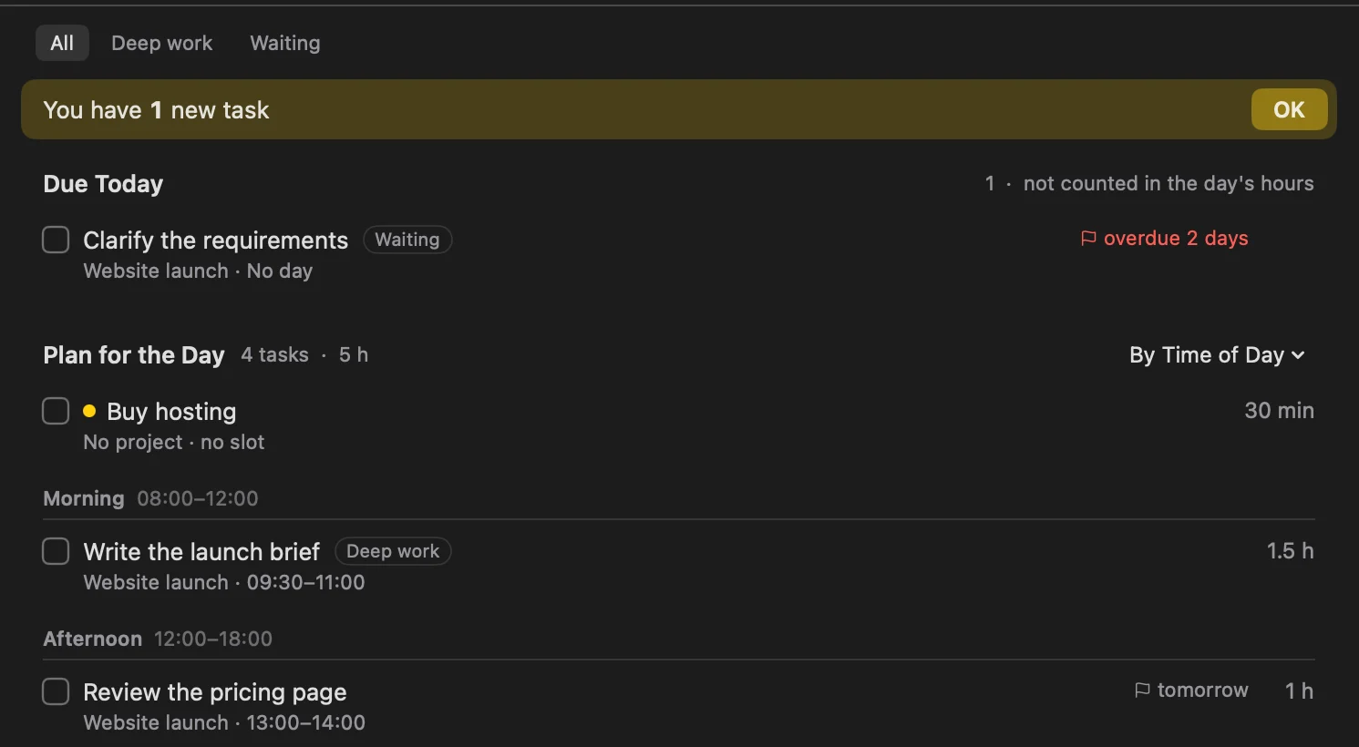 ALT after Claude Code added a task, dark: a You have 1 new task banner with OK, and Buy hosting marked with a dot in the plan for the day.