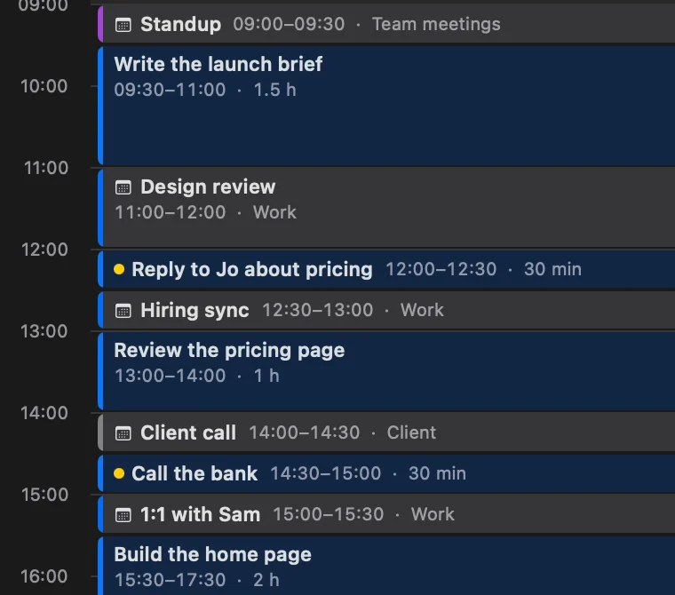 The day after Apply, dark: Reply to Jo about pricing at 12:00 and Call the bank at 14:30, marked as new, between the meetings.